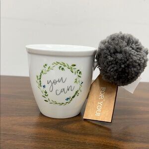 NWT Inspirational White Mug with Gray Pom-Pom- “You can” saying. Novelty 18 oz